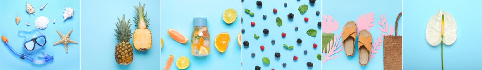 Creative summer collage on blue background, top view