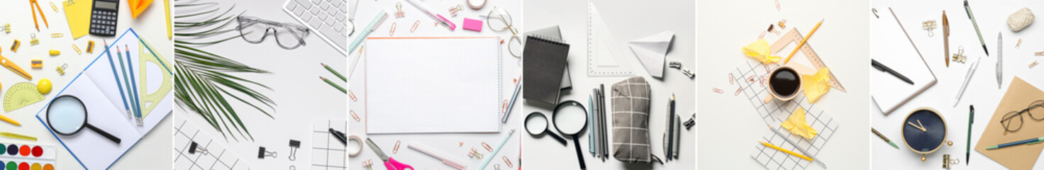 Collage of school supplies on light background, flat lay