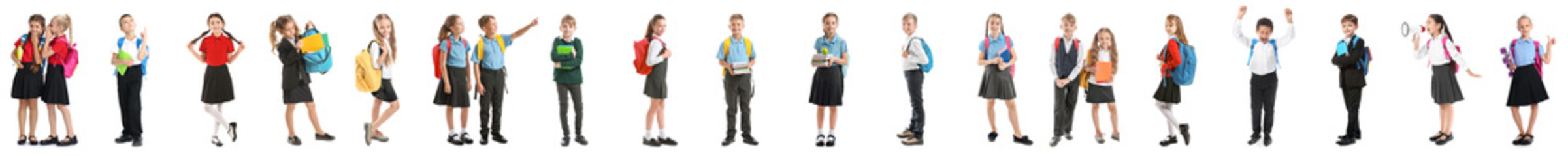 Set of cute little schoolchildren on white background