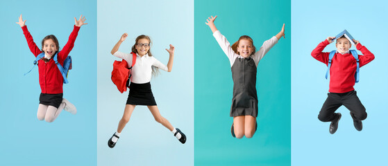 Set of little jumping schoolchildren on color background