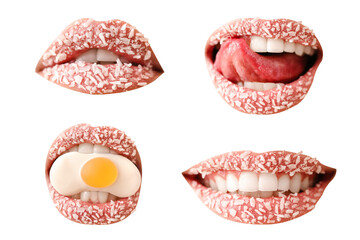 Set of beautiful female lips with coconut shavings on white background