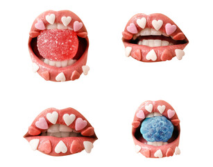Set of beautiful female lips with sprinkles and candies on white background