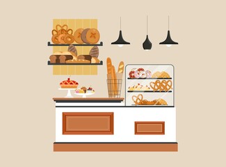 Counter in a bakery store. Variety of bread, french baguette on the shelves, croissant, bagel, pretzel, pastry in showcase, confectionery. Flat vector illustration isolated on white background.