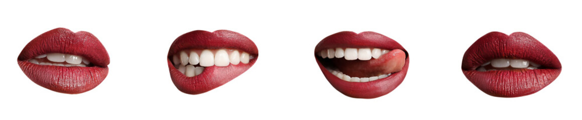 Set of sexy red female lips on white background