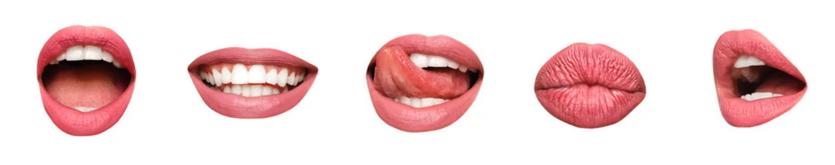 Fotobehang Set of pink female lips on white background © Pixel-Shot