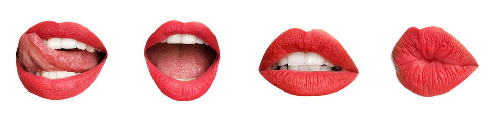 Set of red female lips on white background