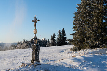 Cross on Zhuri at winter, Sumava national park, Czech republic 
