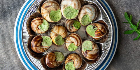 snails green garlic oil fresh healthy meal food snack on the table copy space food background rustic top view