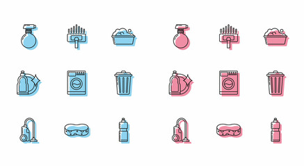 Set line Vacuum cleaner, Sponge, Plastic bottles for liquid dishwashing liquid, Washer, Trash can, and icon. Vector