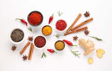 Composition with different spices isolated on white background - obrazy, fototapety, plakaty