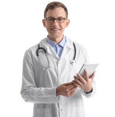 Male medical assistant with tablet computer smiling on white background