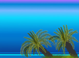 two green palm trees on blue sky background