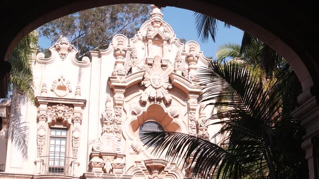 Spanish colonial revival architecture in Balboa Park, San Diego, California USA. Historic building in classic baroque or rococo romance style. Casa or old castle ornamental stucco decor, antique art.