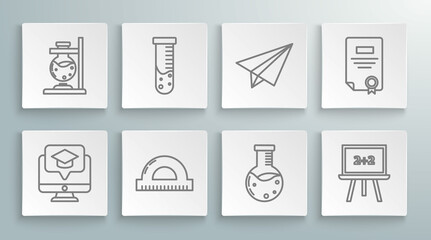 Fototapeta premium Set line Monitor with graduation cap, Test tube and flask chemical laboratory, Protractor grid for measuring degrees, Chalkboard, Paper airplane, Certificate template and Glass test fire icon. Vector
