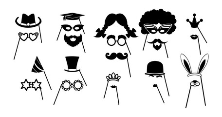 Photo props, funny hats, lips, crowns for parties and holidays. Vector set of black and white silhouettes on sticks