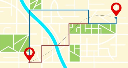 Navigation map, pin, location icon. The location of the pointer on the city map. GPS navigation system. Geolocation, along the designated route. Vector image.
