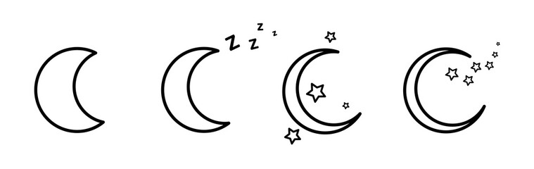 Night moon icon. Set of black symbols of the lunar cycle, stars. Stages of the full moon, the crescent of the planet. Set of linear signs. Vector illustration