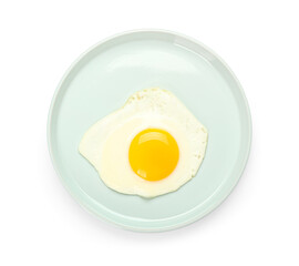 Plate with fried egg isolated on white background