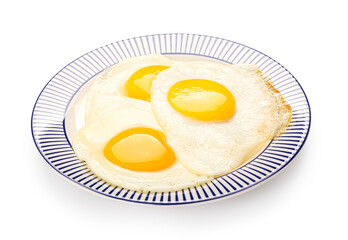 Plate with tasty fried eggs isolated on white background