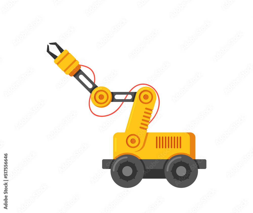 Poster automated mechanic hand, claw, robotic arm, wheeled manufacture robot, factory automation with loadi
