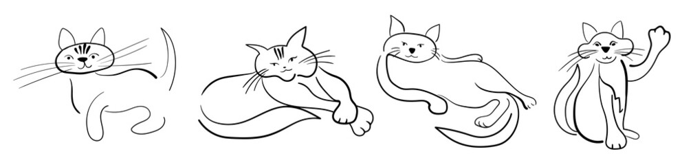 Set of four cute cats drawn in doodle style. Cat walking, lying, standing, sitting. Cute pets. Vector illustration in isolated style on white background