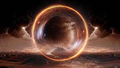 Fotobehang Abstract futuristic fantasy desert landscape, fiery circle, neon circle. Gloomy clouds, clouds, light circle. Sci-fi landscape of an alien planet. Unreal world. 3D illustration. © MiaStendal