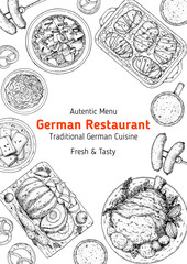 German food frame. Bierhaus menu. German cuisine. Sketch style. Menu design template. Hand drawn vector illustration. Food and drink sketch. Black and white. Engraved style