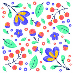 Endless floral pattern, hand drawn, bright colors, summer, spring composition, fantastic botanical motifs