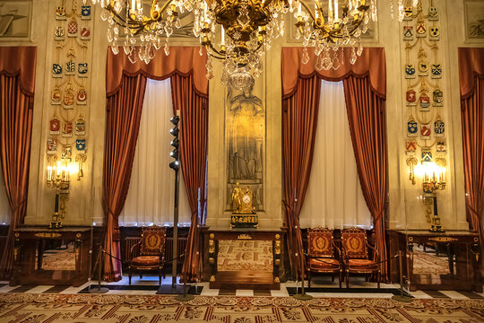 Amsterdam Royal Palace on Dam Square (Koninklijk Paleis) opened in 1655 as Town Hall, now used by Dutch royal family. Interior of Moses Room (Midwifery Room). Amsterdam, Netherlands. July 16, 2022.