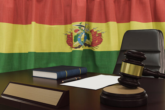 Law and justice concept,  gavel on a wooden desktop and the Bolivia flag on background. 3d render.