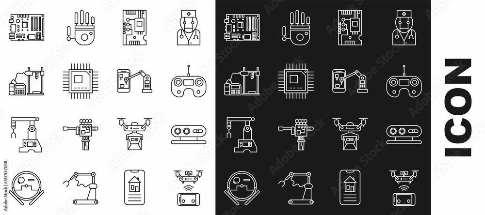 Poster set line remote aerial drone, electronic computer components motherboard digital chip, processor wit