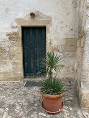 Shuttered door on ancient stone builidng with potted plant