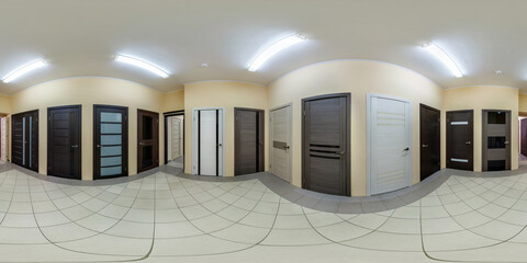 full spherical 360 degrees seamless panorama in interior wooden door store shop in equirectangular...