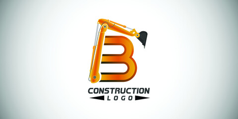 B letter construction logo with  Excavator design