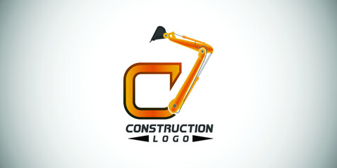 C letter construction logo with  Excavator design