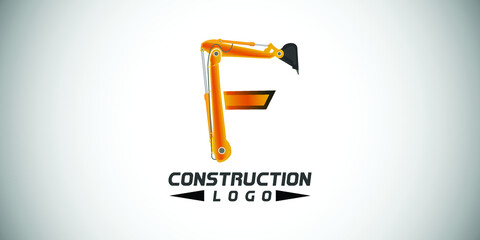 F letter construction logo with  Excavator design