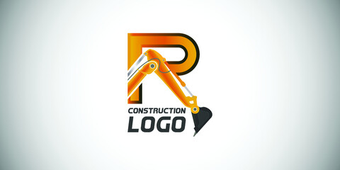 R letter construction logo with  Excavator design