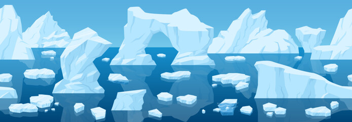 Cartoon arctic iceberg landscape, frozen ice seamless background. Winter snow ice view, cold blue glaciers landscape vector illustration. Antarctic ice panoram © GreenSkyStudio