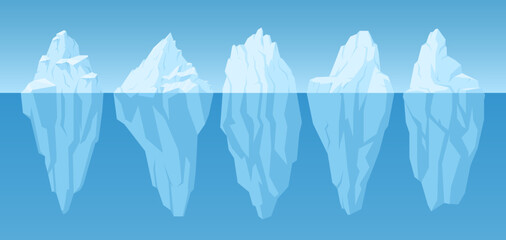 Cartoon icebergs, frozen arctic glaciers, snow floating bogs. Winter seascape iceberg, arctic blocks of ice, north pole glacier snow mountains vector illustration set. Icebergs collection