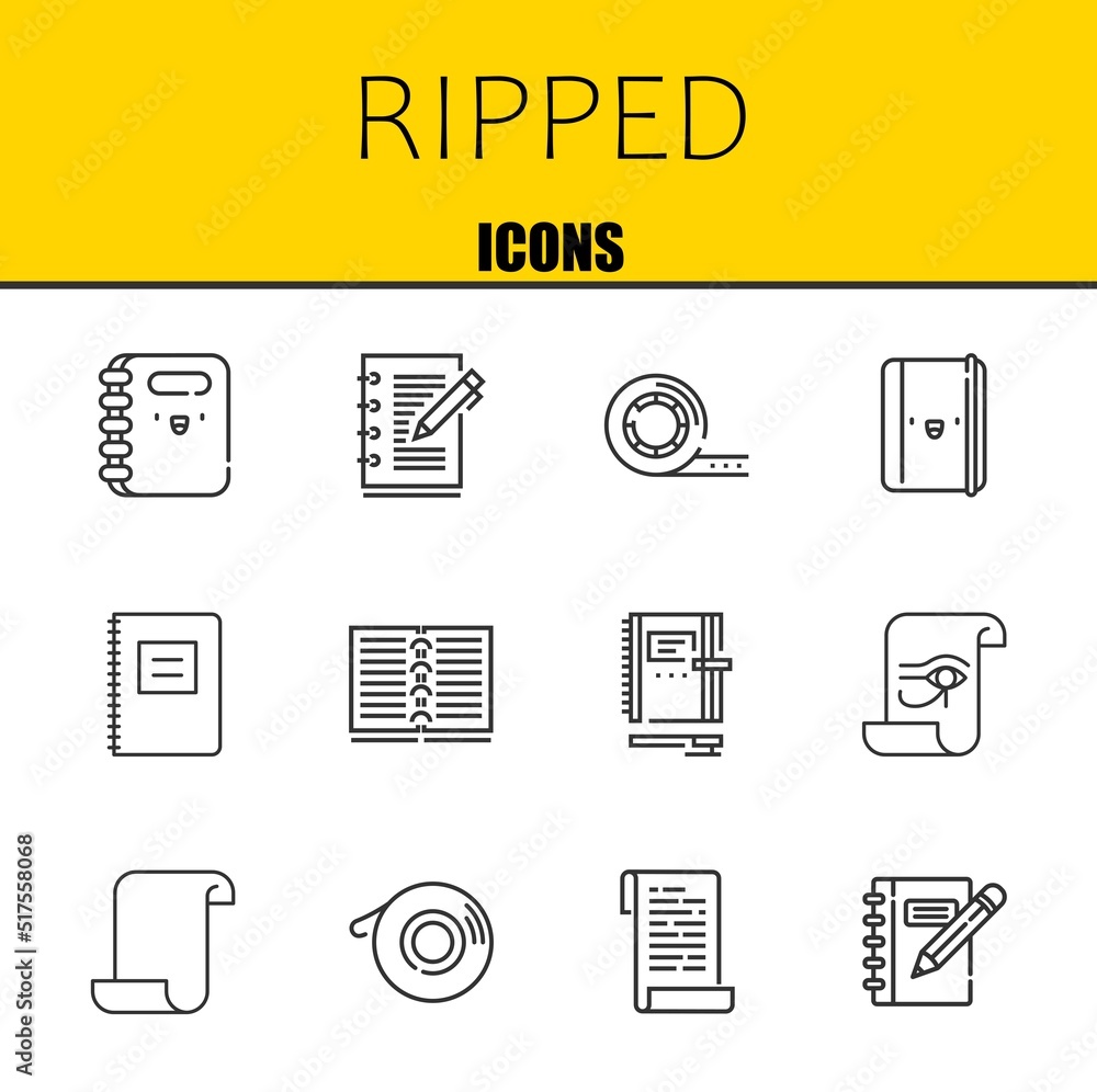 Poster ripped vector line icons set. notebook, notebook and tape icons. thin line design. modern outline gr
