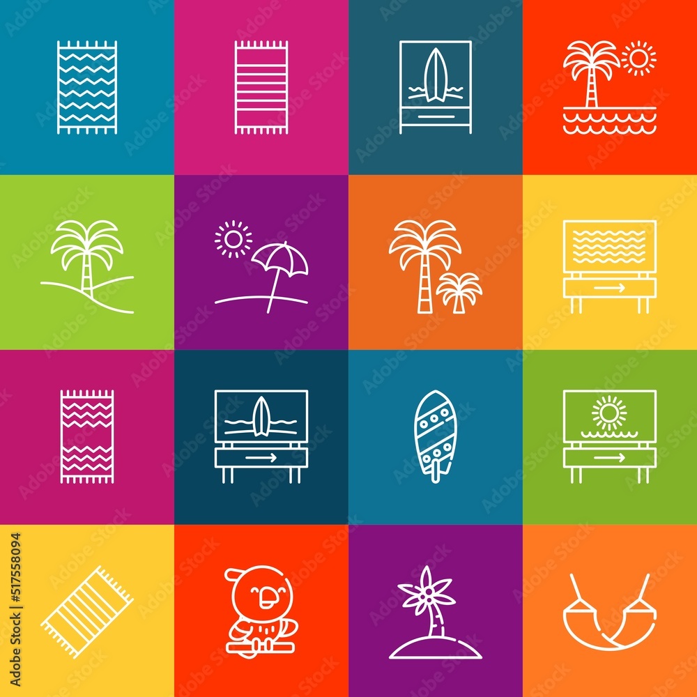 Poster modern thin line icons set of paradise elements. premium quality outline symbol collection. simple m