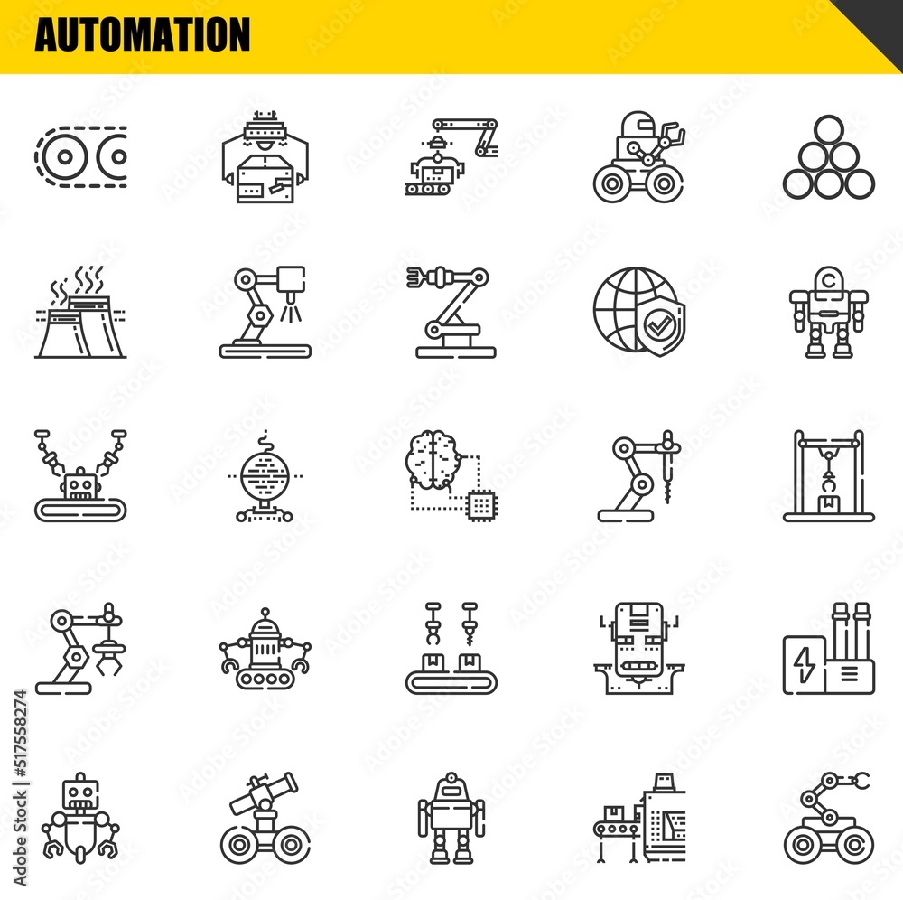 Poster automation vector line icons set. conveyor, robot and industrial robot icons. thin line design. mode