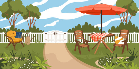 Backyard patio. Cozy garden with furniture, outdoor chill out zone, summer courtyard relax, contemporary table, wooden chairs and bright umbrella, horizontal banner, tidy vector concept