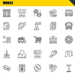 mobile vector line icons set. store, chat and signal Icons. Thin line design. Modern outline graphic elements, simple stroke symbols stock illustration