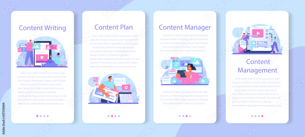 Poster content manager mobile application banner set. idea of digital strategy