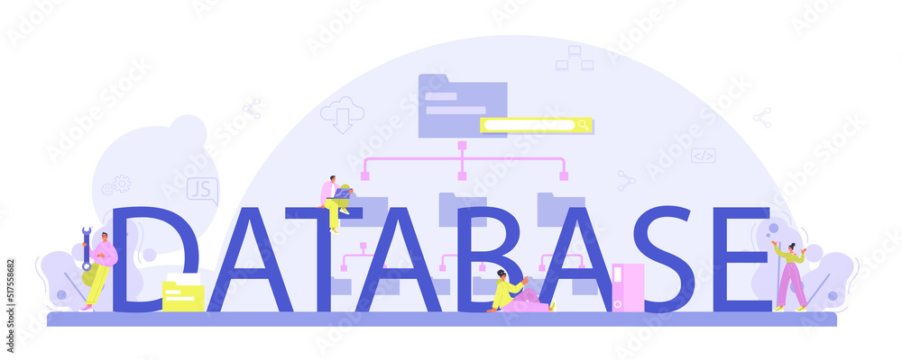 Poster database typographic header. manager working at data center