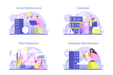 Data base administrator concept set. Manager working at data center,