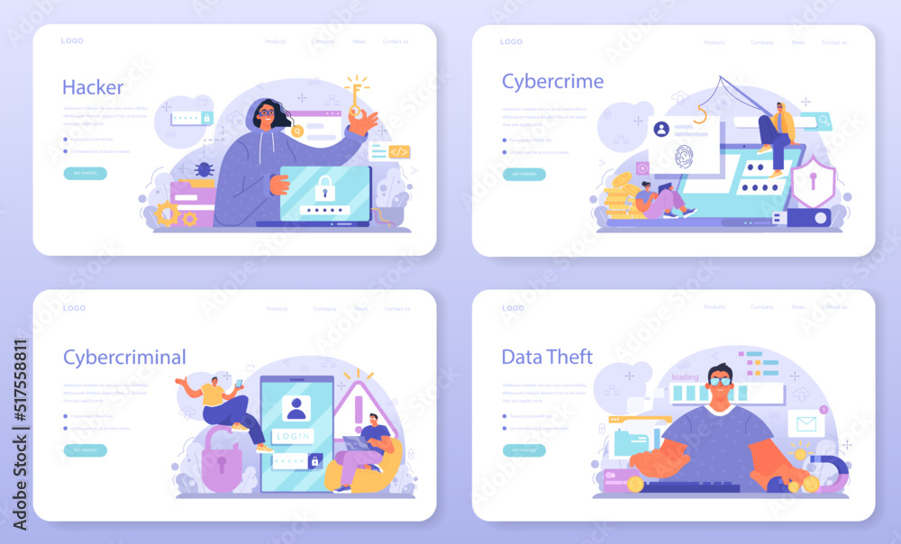 Poster hacker web banner or landing page set. cyber attack, thief stealing personal