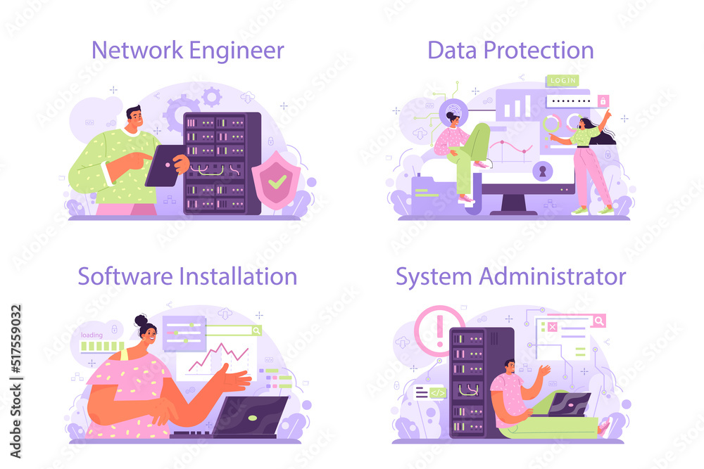 Poster network engineer concept set. specialist setting up, developing