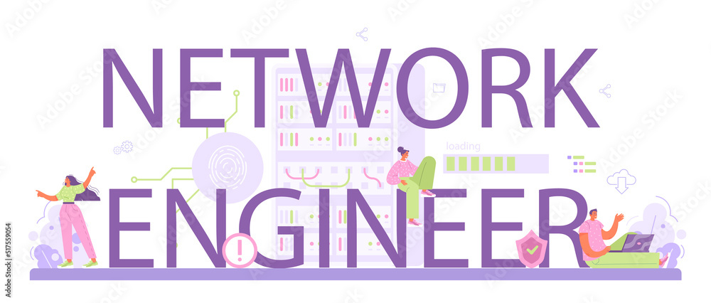 Poster network engineer typographic header. specialist setting up, developing